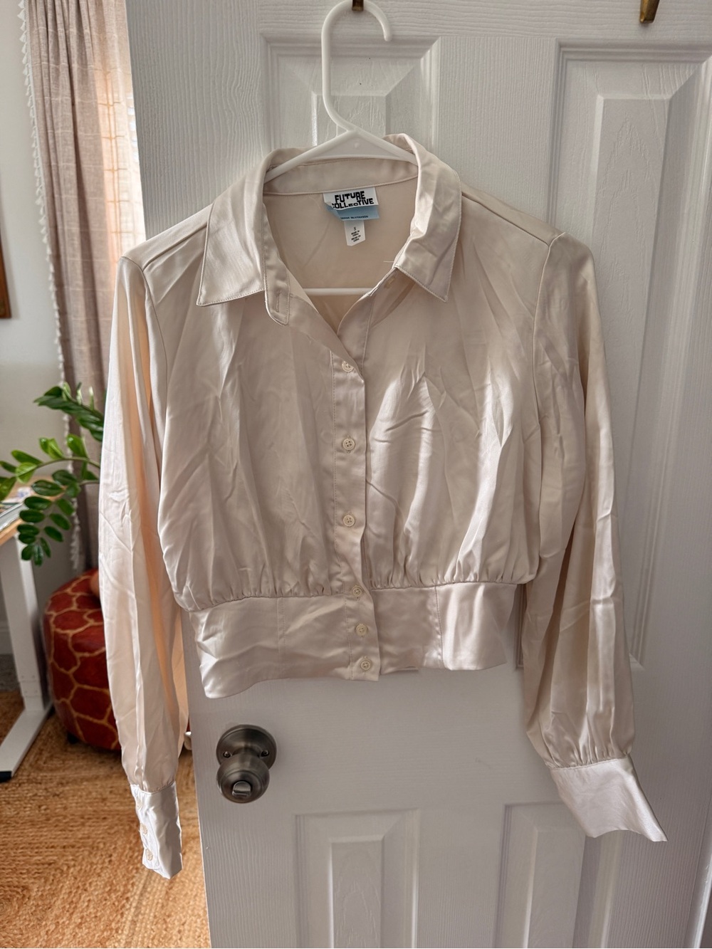 Cream Satin Cropped Button-Up Blouse